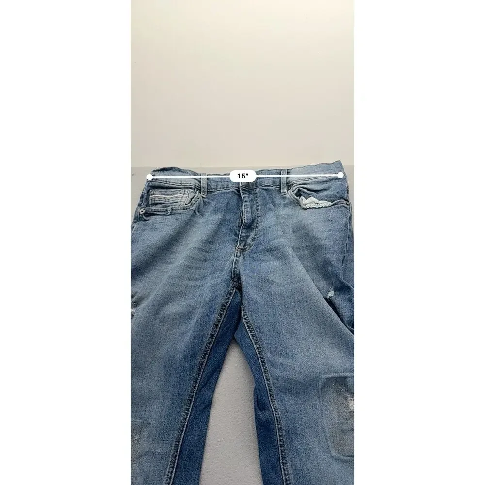 Sun + Stone Mens 34x30 Distressed Patch Straight Leg Stretch Jeans Light Wash